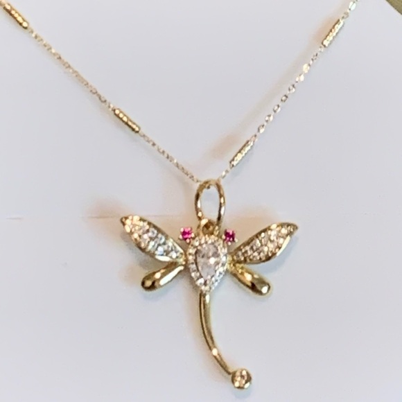 14 Gold Plated Dragonfly Pendant Necklace with zircons - Picture 2 of 5